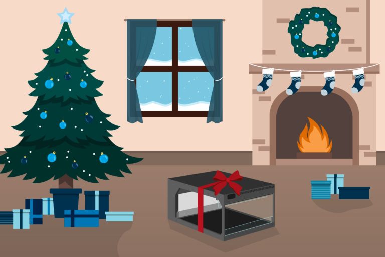 Illustration für Weihnachten mit Baum, Kamin und Hot Vario Wärmevitrine