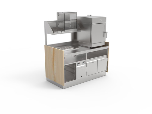 multifunktionaler Arbeitstisch mit Hot Storage im Unterbau für Speisen